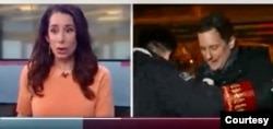 荷兰公共电台驻京记者Sjoerd den Daas被突然闯入画面的红袖章推搡，荷兰总部的女主持人一脸错愕。(荷兰公共电台NOS 视频推特截屏)