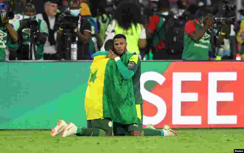 Senegal&#39;s Keita Balde celebrates after winning the Africa Cup of Nations in Cameroon, Feb. 6, 2022.