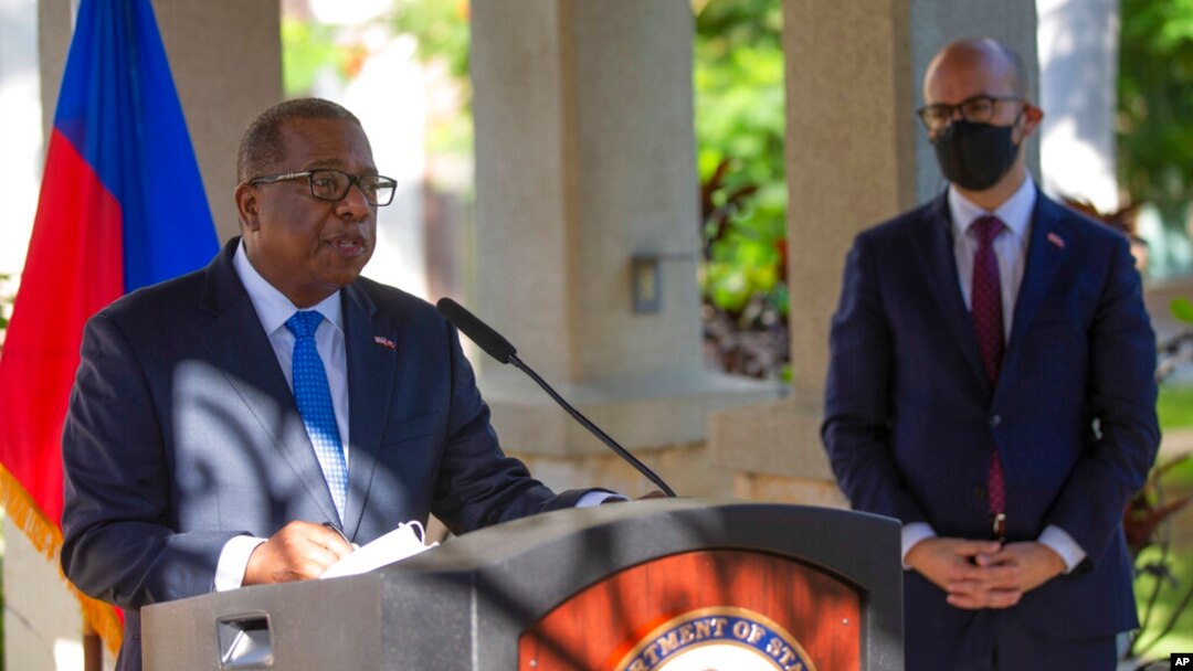 FILE - Assistant Secretary for Western Hemisphere Affairs Brian Nichols speaks during a press conference at the U.S. Embassy, in Port-au-Prince, Haiti, Oct. 1, 2021. 