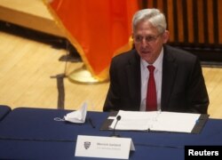 Attorney General Merrick Garland speaks during a meeting about gun violence and how to address it at the New York Police Department headquarters in New York City, New York, Feb. 3, 2022.