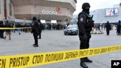 Bosnian Serb police secure an area at the spot where Davor Dragicevic along with members of the "Justice for David" movement protested and demanded the truth behind the death of David Dragicevic in the Bosnian town of Banja Luka, northwest of Sarajevo, De