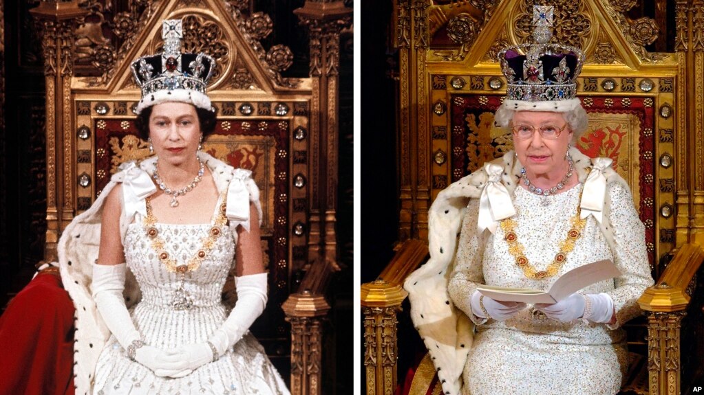 FILE - Britain's Queen Elizabeth II opened the Parliament in April, 1966 (L) and Nov. 15, 2006, (R). The queen will mark 70 years on the throne Sunday, Feb. 6, 2022. (AP Photo, Arthur Edwards, Pool, File)