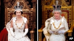 FILE - Britain's Queen Elizabeth II opened the Parliament in April, 1966 (L) and Nov. 15, 2006, (R). The queen will mark 70 years on the throne Sunday, Feb. 6, 2022. (AP Photo, Arthur Edwards, Pool, File)