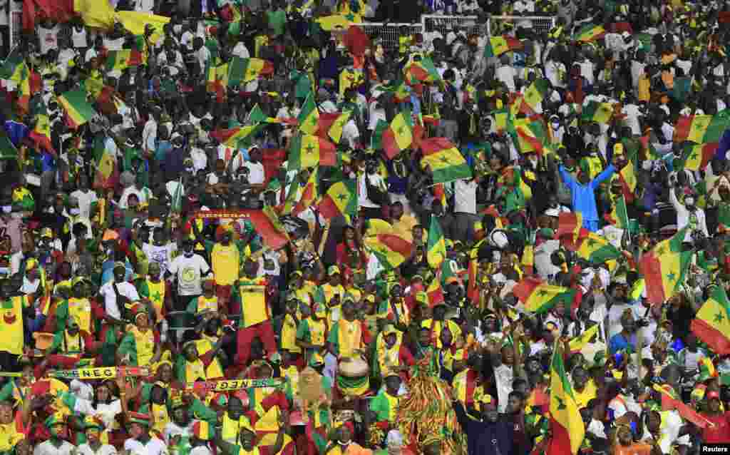 Senegal fans celebrate after winning the final game against Egypt in Cameroon, Feb. 6, 2022