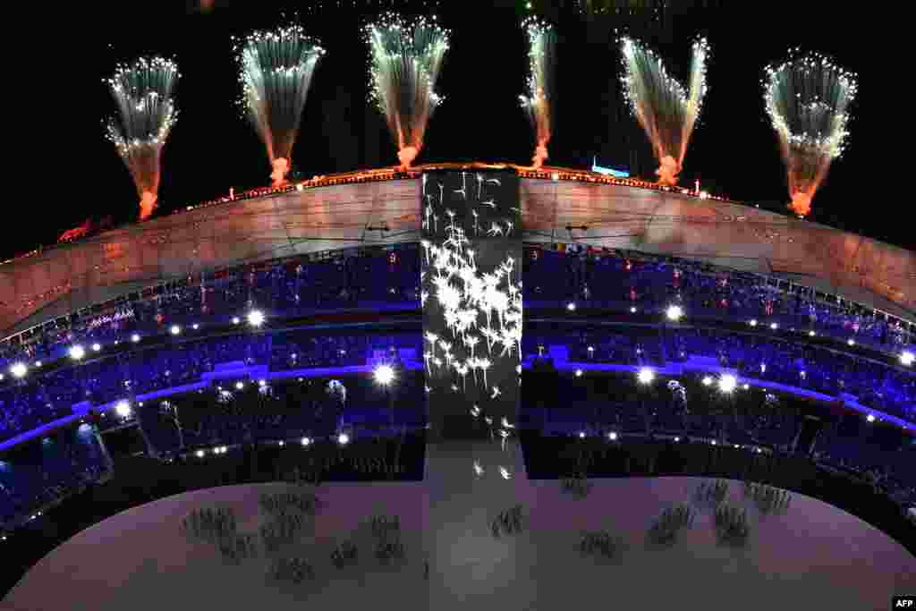 An overview of fireworks during the opening ceremony of the Beijing 2022 Winter Olympic Games, at the National Stadium, known as the Bird&#39;s Nest, in Beijing, on Feb. 4, 2022.