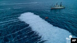 Na fotografii koju je objavio Si šepard 5. februara 2022, brod aktivista prilazi masi mrtve ribe u Biskijskom zalivu, zapadna Fancuska, 3. februara 2022.