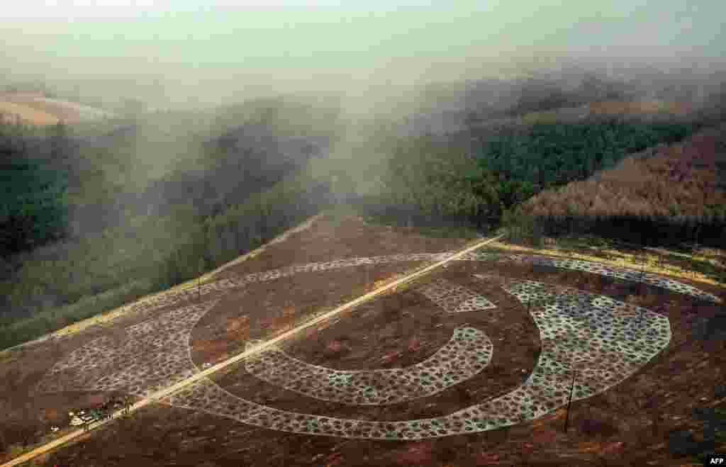 An aerial view shows the layout for the planting of trees in the shape of an eye, to create &#39;The Forest Eye&#39;, set to be the largest living forest feature in England, in Dalby Forest near Scarborough, north east England.