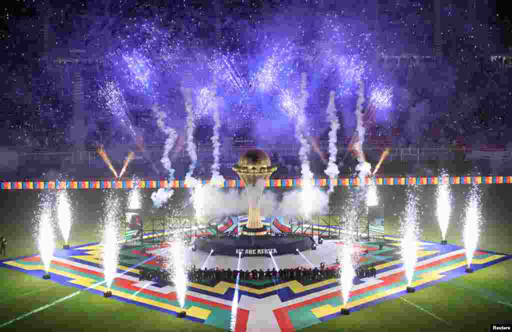 A giant replica of the Africa Cup of Nations trophy is displayed on the pitch at the closing ceremony before the match Senegal vs Egypt, Feb. 06, 2022.