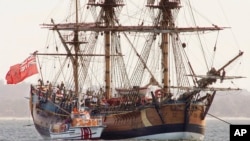 FILE - A replica of the ship HMS Endeavour is at anchor in Botany Bay, Sydney, April 17, 2005.