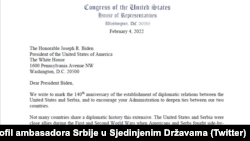Odlomak pisma koji su članovi američkog Kongresa poslali predsedniku Džozefu Bajdenu (Foto: Tviter profil ambasadora Srbije u SAD-u)