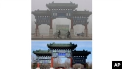 FILE - Cyclists ride past a traditional Chinese gateway during a day murky from fog and pollution in Beijing, on Oct. 26, 2007, top, and the same location on Feb. 5, 2022.