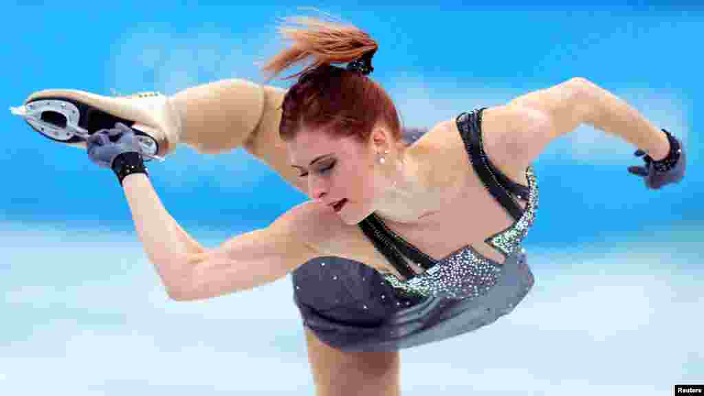 Eliska Brezinova of the Czech Republic competes in the women&#39;s short program figure skating at the 2022 Winter Olympics in Beijing.