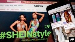 FILE - Pages from the Shein website, left, and from the Temu site, right, as they appeared on June 23, 2023. Shein filed a complaint in a U.S. court on Aug. 21, 2024, against Temu, alleging that its competitor encourages sellers to offer counterfeited items and stolen designs.