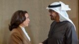 FILE - A handout picture provided by the UAE Presidential Court shows President of the United Arab Emirates Sheikh Mohamed bin Zayed Al Nahyan (R) meeting with US Vice President Kamala Harris during the COP28 climate summit in Dubai on December 2, 2023.