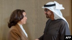 FILE - A handout picture provided by the UAE Presidential Court shows President of the United Arab Emirates Sheikh Mohamed bin Zayed Al Nahyan (R) meeting with US Vice President Kamala Harris during the COP28 climate summit in Dubai on December 2, 2023.