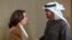 FILE - A handout picture provided by the UAE Presidential Court shows President of the United Arab Emirates Sheikh Mohamed bin Zayed Al Nahyan (R) meeting with US Vice President Kamala Harris during the COP28 climate summit in Dubai on December 2, 2023.