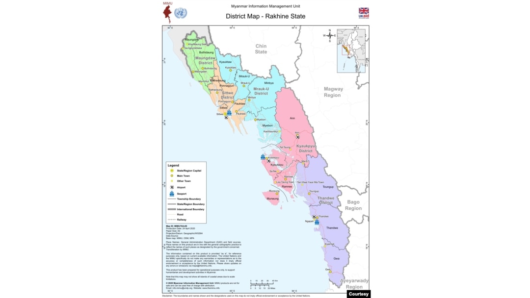 District map of Rakhine State, created by the Myanmar Information Management Unit with support from UK Aid, dated April 24, 2020.