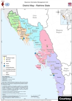 District map of Rakhine State, created by the Myanmar Information Management Unit with support from UK Aid, dated April 24, 2020.