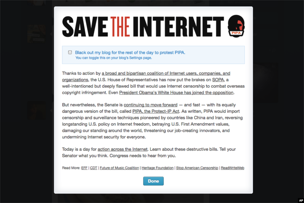 Tumblr.com offers bloggers the opportunity to black out their own blog in protest of SOPA.