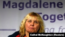 Mary Smyth who was born in a "Magdalene Laundry", reacts during a "Magdalene Survivors Together" news conference in Dublin, February 5, 2013. 