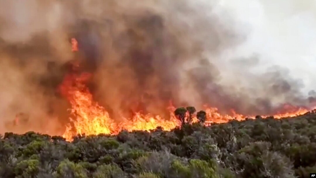 In this image made from video, fires burn on Mount Kilimanjaro in Tanzania on Oct. 12, 2020.