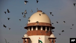 FILE- Pigeons fly past the dome of India's Supreme Court building in New Delhi, India, Tuesday, Feb. 2, 2016.