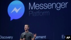 FILE - CEO Mark Zuckerberg talks about the Messenger app during a Facebook developer conference March 25, 2015, in San Francisco, California.