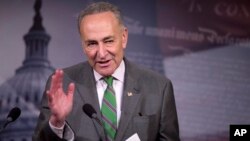 Senator Charles Schumer speaks to reporters on Capitol Hill about the Supreme Court decision on campaign financing, April 2, 2014.
