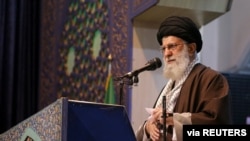 FILE - Iran's Supreme Leader Ayatollah Ali Khamenei delivers Friday prayers, in Tehran, Iran, Jan. 17, 2020. 