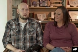 Aaron James speaks during an interview, accompanied by his wife, Meagan, in New York on Oct. 23, 2023. (AP Photo/Joseph. B. Frederick)