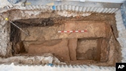 A view of part of the wall of the Roman London Basilica, which has been recently unearthed by a redevelopment of a building in London, is seen in this photo provided by the Museum of London Archaeology taken in summer 2024.