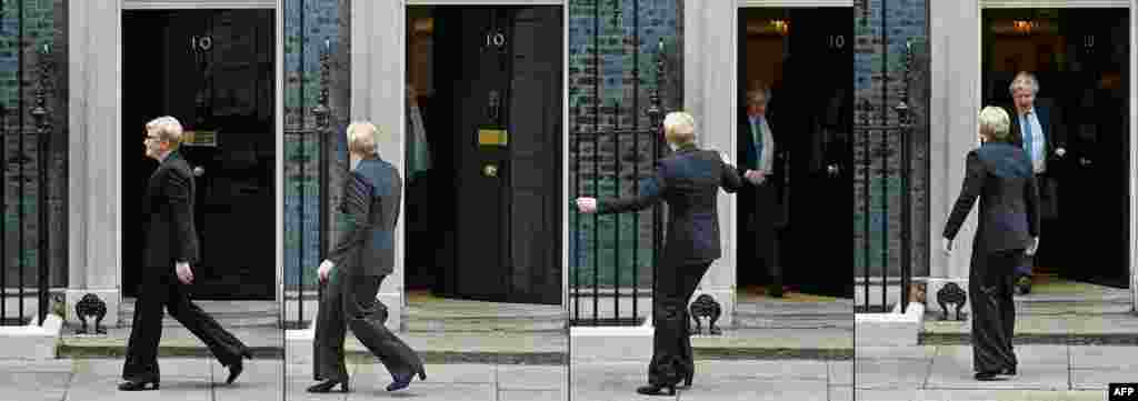 This combination of pictures shows Lithuania&#39;s Prime Minister Ingrida Simonyte (L) reacting after walking past the door to 10 Downing Street, as Britain&#39;s Prime Minister Boris Johnson exits to welcome her ahead of their meeting in London.