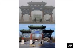 Cyclists ride past a traditional Chinese gateway during a day murky from fog and pollution in Beijing, on Oct. 26, 2007, top, and the same location on Feb. 5, 2022. (AP Photo/Ng Han Guan, File)