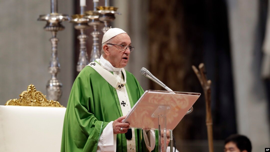 FILE - Pope Francis delivers his speech during a Mass for the closing of the synod of bishops in St. Peter's Basilica at the Vatican, Oct. 28, 2018. 