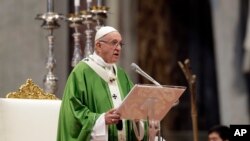 FILE - Pope Francis delivers his speech during a Mass for the closing of the synod of bishops in St. Peter's Basilica at the Vatican, Oct. 28, 2018. 