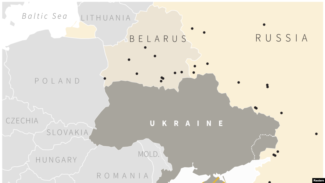 Mapa prikazuje raspored više od 100.000 ruskih trupa u blizini granice sa Ukrajinom (Foto: Reuters)
