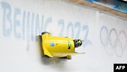 Jamaica's Jazmine Fenlator-Victorian practices in a women's monobob training session during the Beijing 2022 Winter Olympic Games in Yanqing on Feb. 10, 2022.