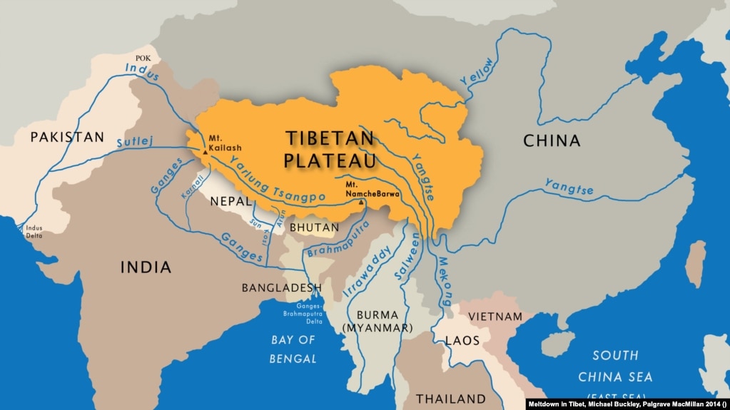 Tây Tạng, nơi phát xuất những con sông lớn của Châu Á: (1) Dương Tử, (2) Hoàng Hà, (3) Indus, (4) Sutlej, (5) Yarlung Tsangpo – Brahmaputra, (6) Irrawaddy, (7) Salween, (8) Mekong. [nguồn: Meltdown in Tibet, Michael Buckley, Palgrave MacMillan 2014] [3]