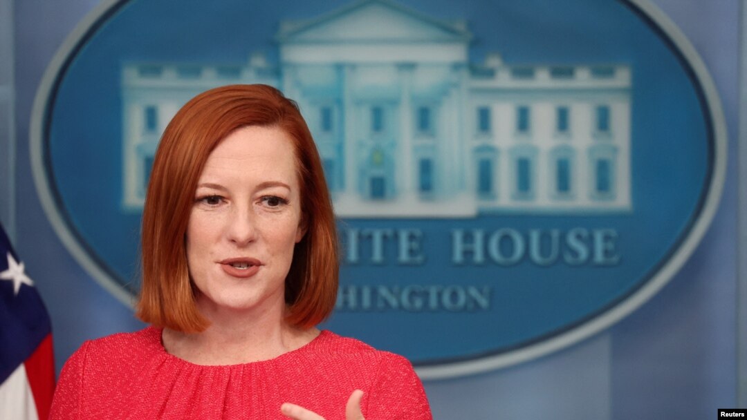 Juru bicara Gedung Putih Jen Psaki menggelar konferensi pers di Gedung Putih, Washington, pada 9 Februari 2022. (Foto: Reuters/Brendan McDermid)