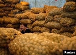 Seorang penjual berbicara melalui telepon genggamnya di dekat kumpulan kentang di Pasar Kramat Jati, Jakarta, pada 6 September 2013. (Foto: Reuters/Beawiharta)