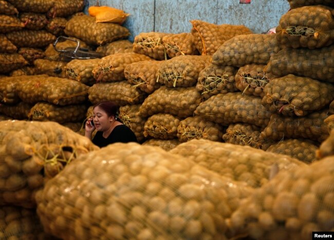 Seorang penjual berbicara melalui telepon genggamnya di dekat kumpulan kentang di Pasar Kramat Jati, Jakarta, pada 6 September 2013. (Foto: Reuters/Beawiharta)