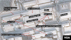 A satellite image of North Korea's uranium enrichment plant at the Yongbyon nuclear facility captured on Feb. 1 showing snow melts over the roofs of buildings housing control room and uranium hexafluoride feed stations. Source: Ollie Heinonen at 38 North