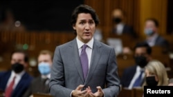 FILE - Canada's Prime Minister Justin Trudeau speaks during Question Period in the House of Commons on Parliament Hill in Ottawa, Ontario, Canada, Feb. 9, 2022.