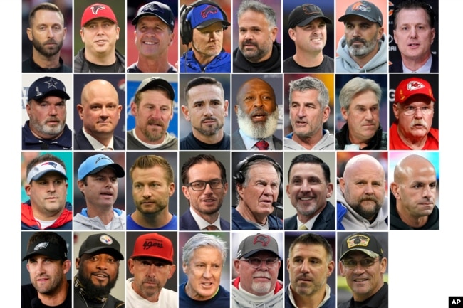 FILE - These are 31 of the 32 NFL football team head coaches as of Feb. 10, 2022. The Minnesota Vikings head coaching position is currently vacant.