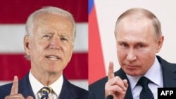 Kolase foto Presiden AS Joe Biden (kiri) berbicara di Darby, Pennsylvania, pada 17 Juni 2020, dan Presiden Rusia Vladimir Putin di kediaman negara bagian Novo-Ogaryovo di luar Moskow pada 31 Januari 2018. (Foto: AFP)