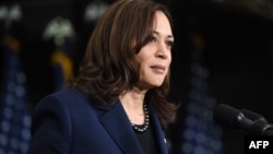 US Vice President Kamala Harris speaks at the Ironworkers Local 5 Union in Upper Marlboro, Maryland, on Feb. 4, 2022.