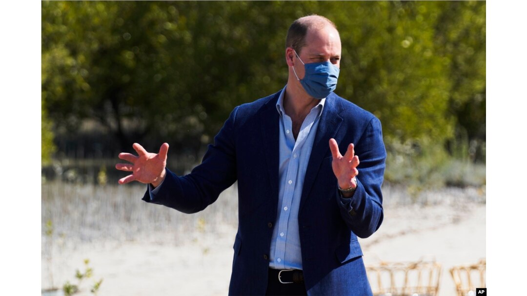 Pangeran William dari Inggris saat mengunjungi Taman Mangrove Al-Jubail di Abu Dhabi, Uni Emirat Arab, Kamis, 10 Februari 2022. (AP/Jon Gambrell)
