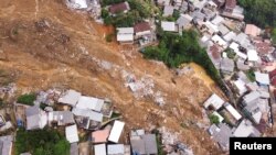 An overview of a site of a mudslide at Morro da Oficina after pouring rains in Petropolis, Brazil, Feb. 16, 2022.