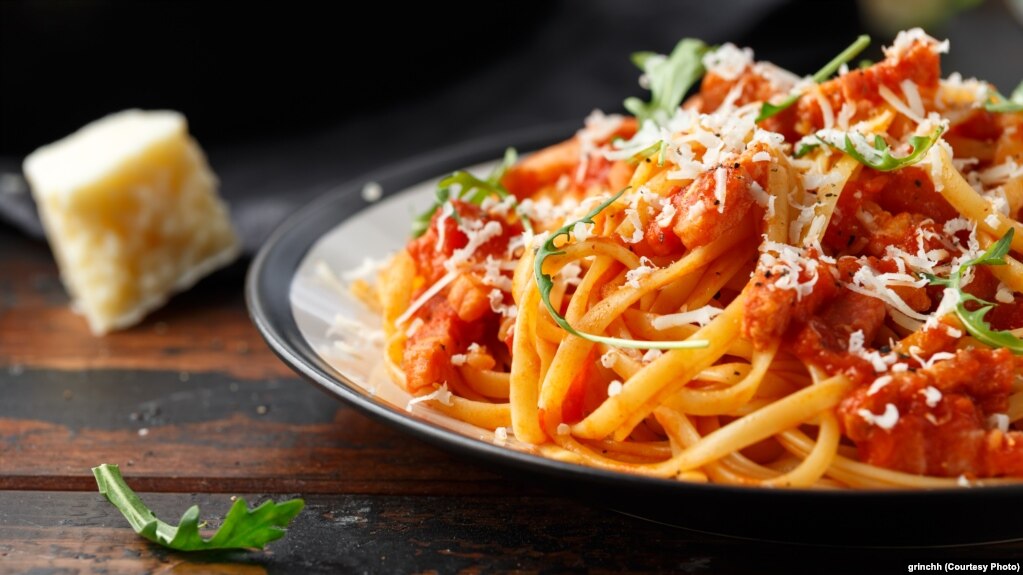 Spaghetti alla Amatriciana with pancetta bacon, tomatoes and pecorino cheese