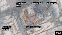 A satellite image of North Korea's plutonium producing 5-MW reactor at the Yongbyon nuclear facility captured on Feb. 1 showing snow melts over the roofs of heat exchangers, ventilation stack, and turbine hall. Source: Ollie Heinonen at 38 North, Stimson